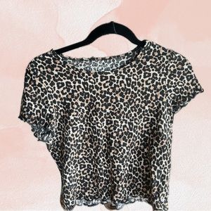 American Eagle Cheetah Print Waffle Lettuce-edge Crop Tee